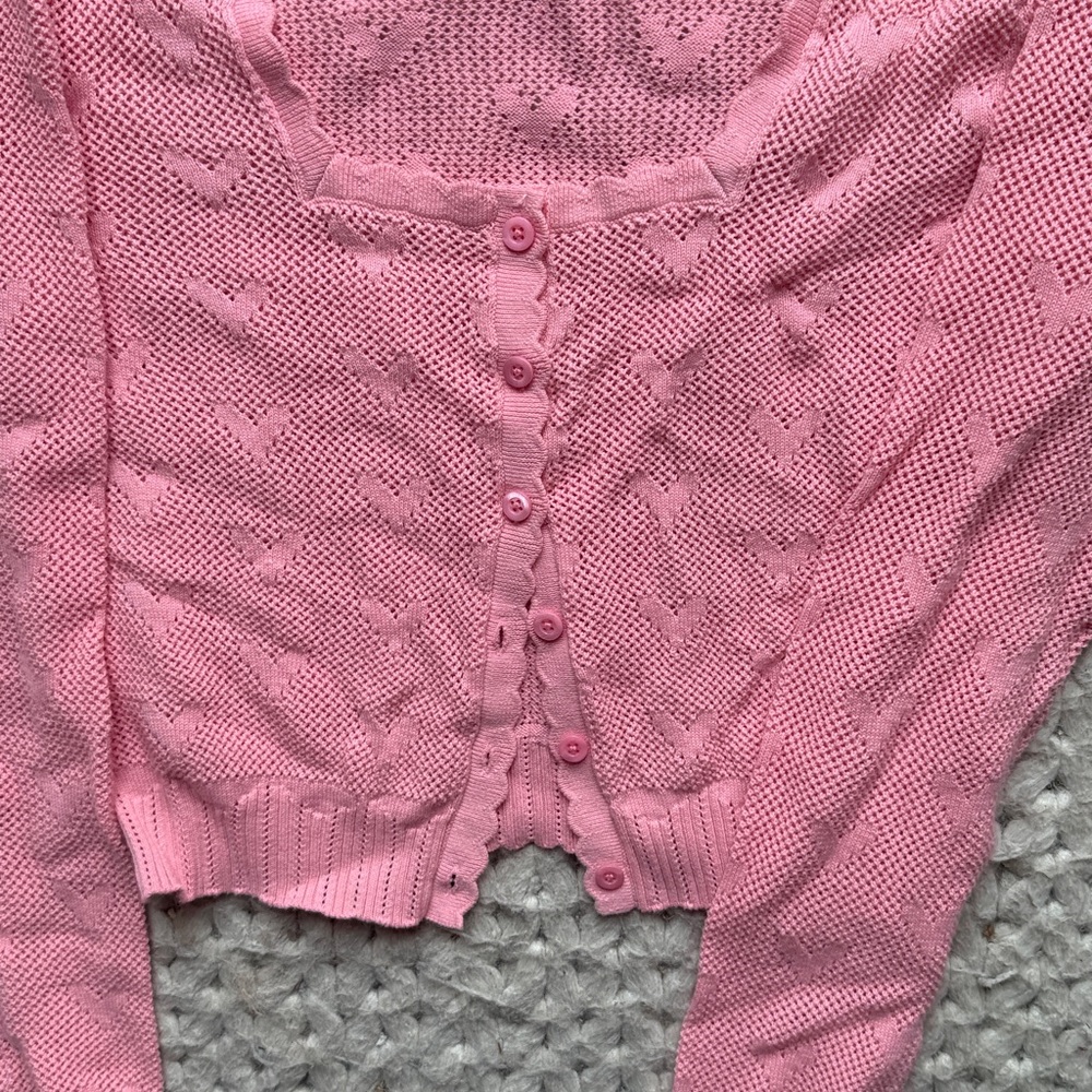 Loveshackfancy Pink Heart-Pattern Knit Button Car… - image 3
